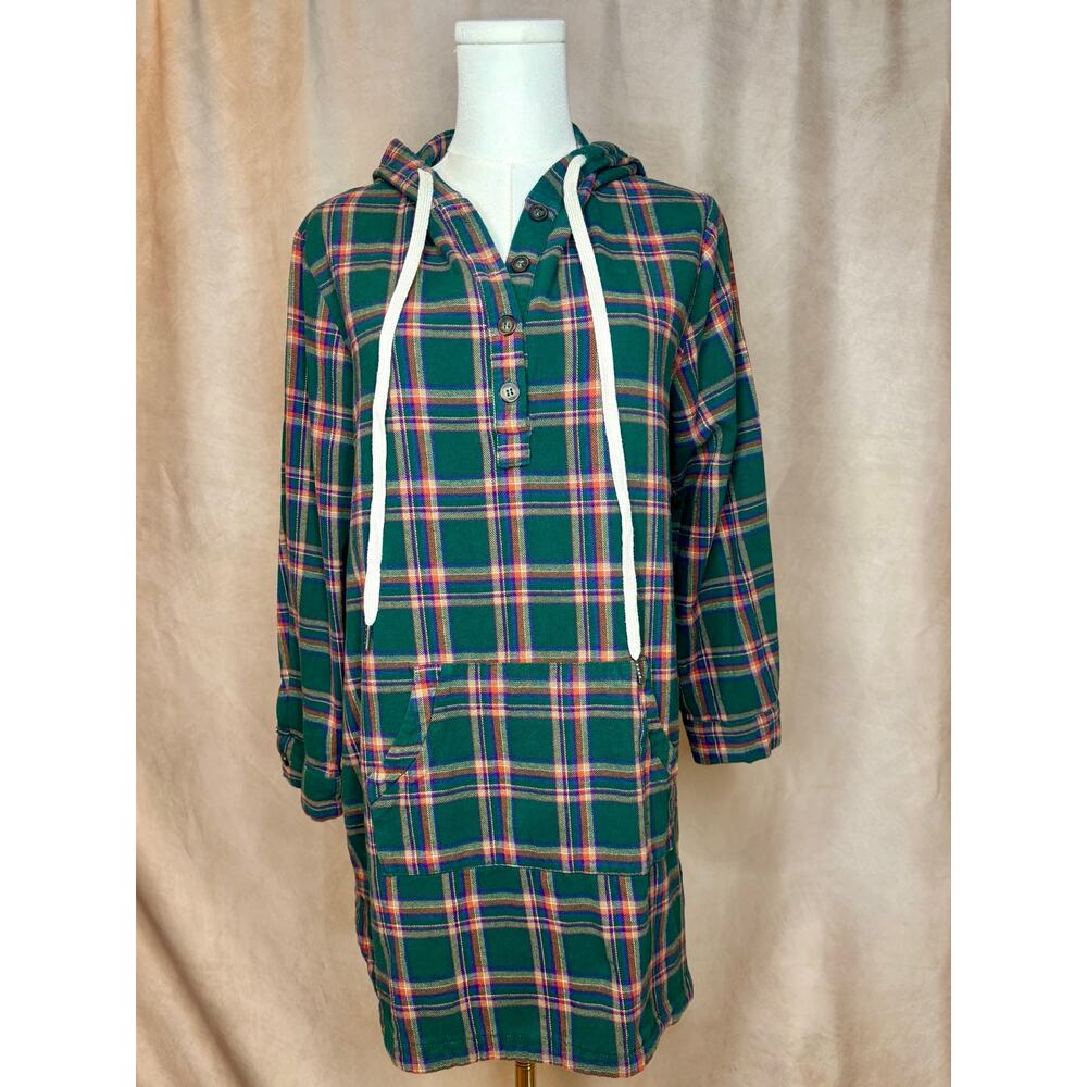 Pink Lily Plaid Hoodie Dress Green Cotton Pocket Casual Size M